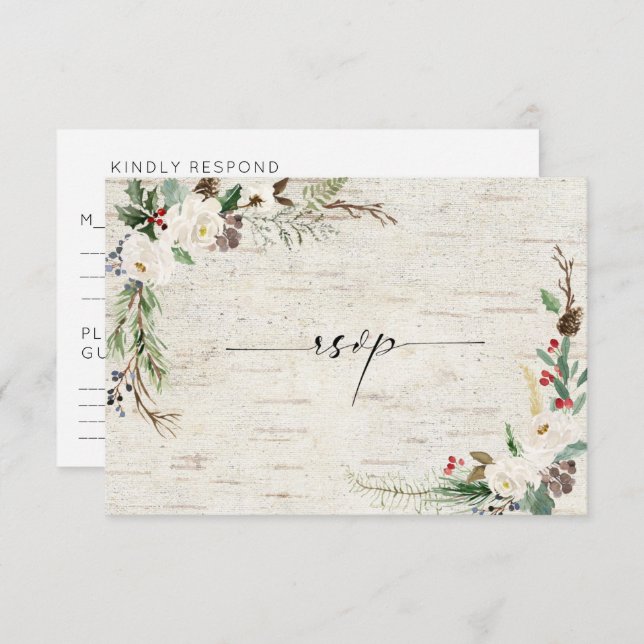 Winter Birch Calligraphy Botanicals Wedding RSVP Invitation (Front/Back)