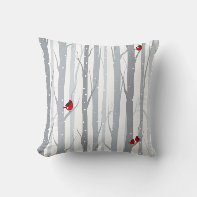 Winter Birches: Grey Trees, Red Birds Cushion (Front)