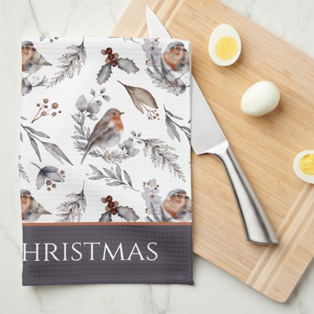 Winter Bird and Holly Pattern Christmas Tea Towel (Quarter Fold)