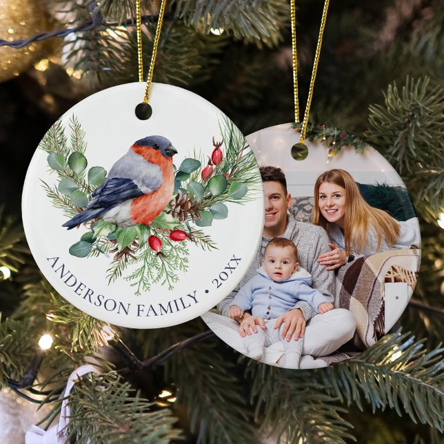 Winter Bird Christmas Bullfinch Family Photo  Ceramic Tree Decoration (Creator Uploaded)