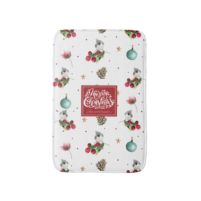 Winter Bird Christmas Tufted Titmouse Personalised Bath Mat (Front Vertical)