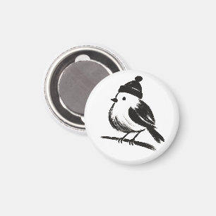 Winter Bird in Beanie – Ink Brush Minimalism on Magnet