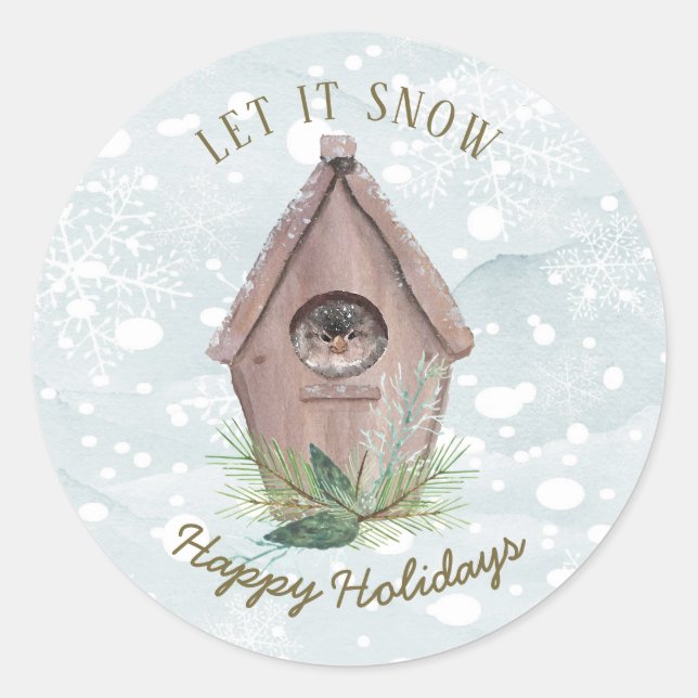 Winter Bird Let It Snow Holiday Round Seal Sticker (Front)