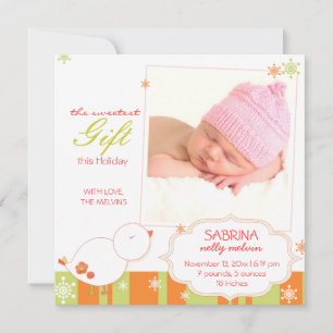 Winter Bird New Baby Girl Photo Birth Announcement