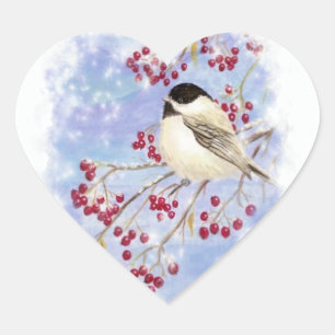 Winter Bird through Snowy Window. Christmas Scene Heart Sticker