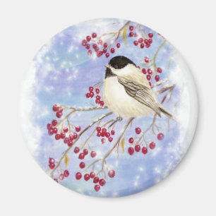Winter Bird through Snowy Window. Christmas Scene Magnet