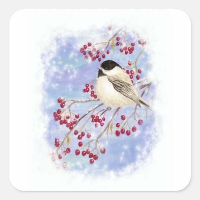 Winter Bird through Snowy Window. Christmas Scene Square Sticker (Front)
