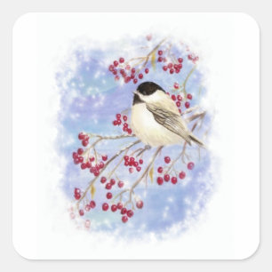 Winter Bird through Snowy Window. Christmas Scene Square Sticker