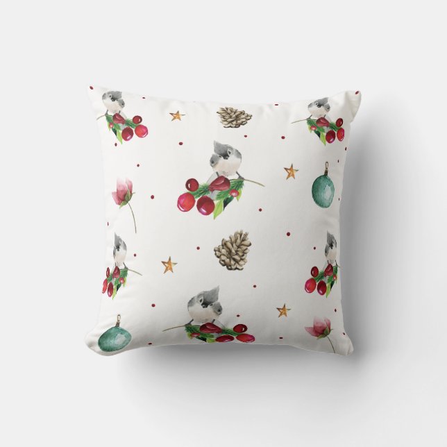 Winter Bird Tufted Titmouse Christmas Pattern Cushion (Front)