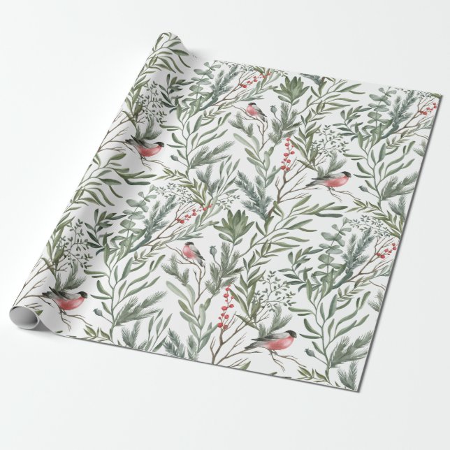 Winter Bird Watercolor Christmas Wrapping Paper (Unrolled)