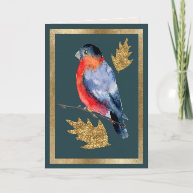 Winter Bird with Golden Holly Leaves Card (Front)