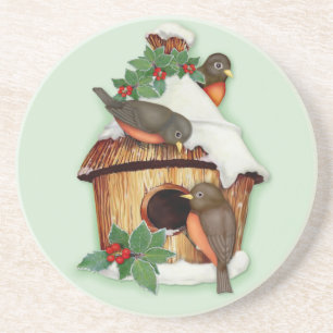 Winter Birds and Birdhouse Coaster