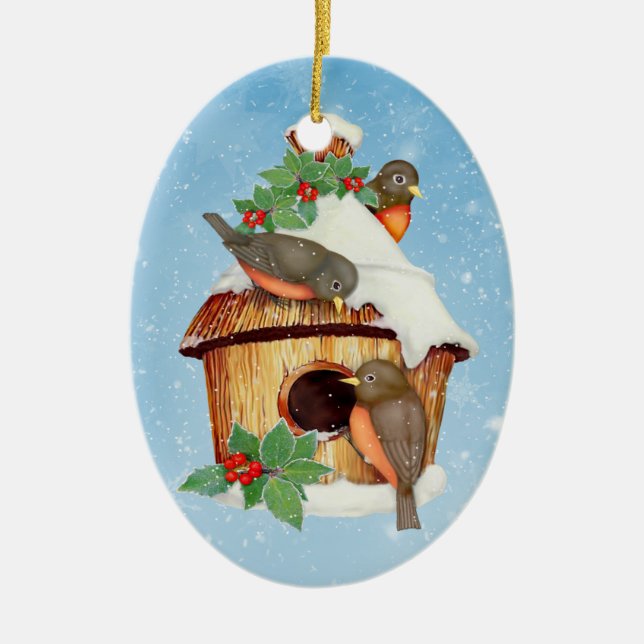 Winter Birds and Birdhouse - Customise Ceramic Tree Decoration (Front)