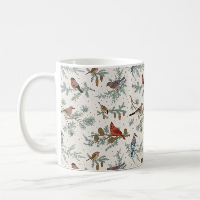 Winter Birds and Pine Branches Pattern Coffee Mug (Left)