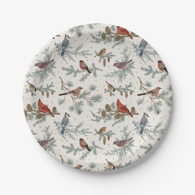 Winter Birds and Pine Branches Pattern Paper Plate (Front)