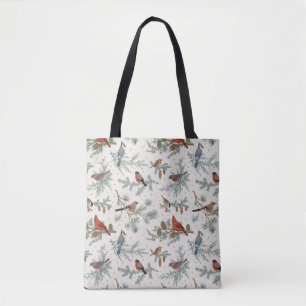 Winter Birds and Pine Branches Pattern Tote Bag