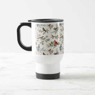 Winter Birds and Pine Branches Pattern Travel Mug