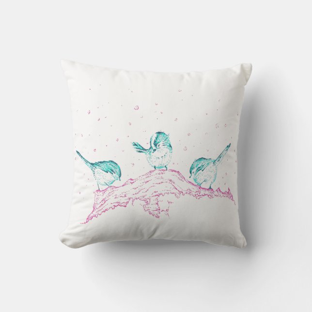 Winter birds art throw cushion - turquoise back (Front)