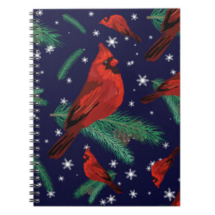 Winter birds - cardinals on fir-tree branches with notebook