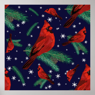 Winter birds - cardinals on fir-tree branches with poster