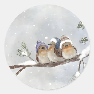 Winter birds classic round sticker