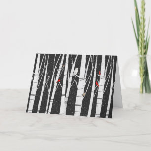 Winter Birds in Birch Forest  Holiday Card