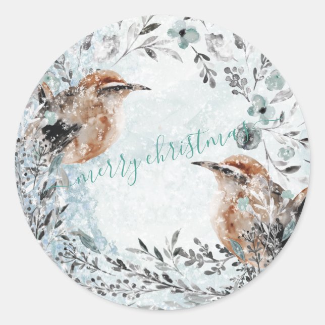 Winter Birds Nesting Dusty Blue Christmas Wreath Classic Round Sticker (Front)