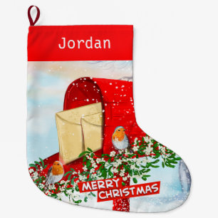 Winter Birds on Snowy Red Post Box Personalised  Large Christmas Stocking
