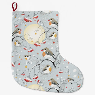 Winter Birds Pattern Large Christmas Stocking
