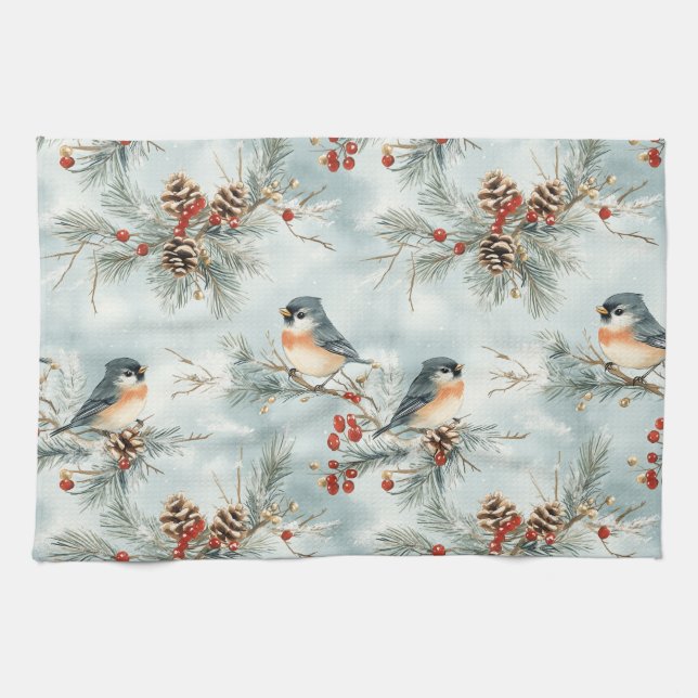 Winter Birds Pattern with Pinecones and Snow Tea Towel (Horizontal)