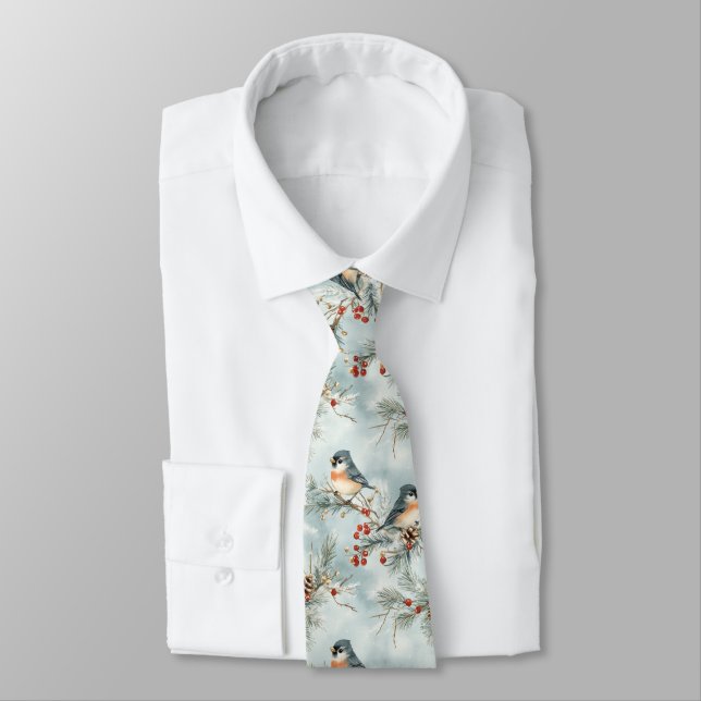 Winter Birds Pattern with Pinecones and Snow Tie (Tied)