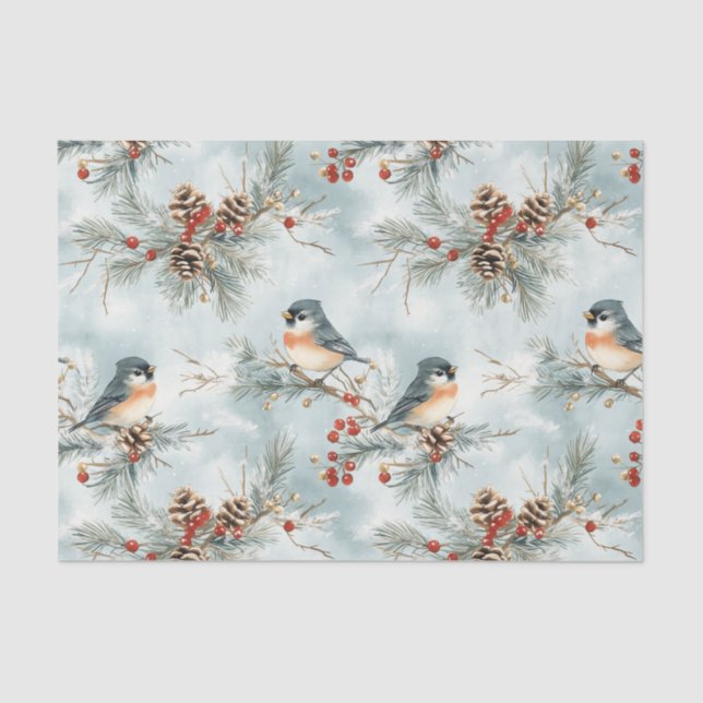 Winter Birds Pattern with Pinecones and Snow Tissue Paper (Front)