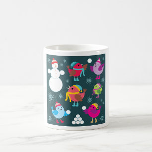 Winter Birds Playing in Snow with Snowman Coffee Mug