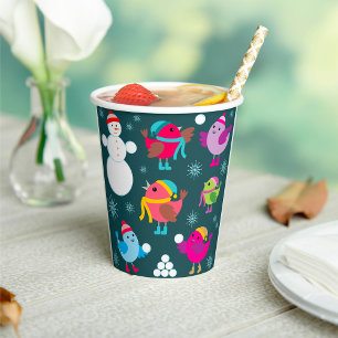 Winter Birds Playing in Snow with Snowman Paper Cups