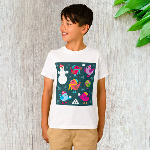 Winter Birds Playing in Snow with Snowman T-Shirt