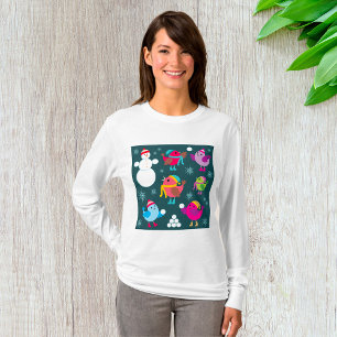 Winter Birds Playing in Snow with Snowman  T-Shirt