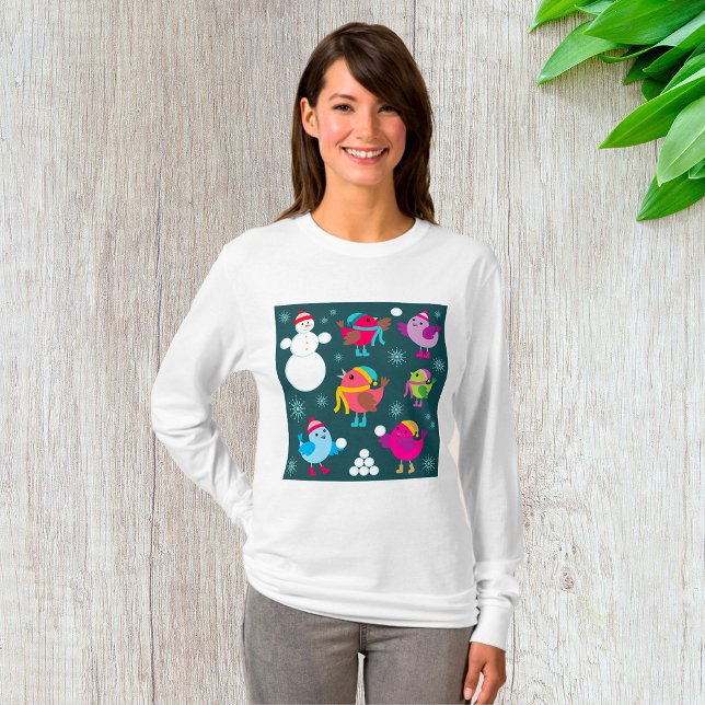 Winter Birds Playing in Snow with Snowman  T-Shirt (Creator Uploaded)