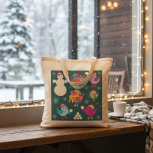Winter Birds Playing in Snow with Snowman Tote Bag