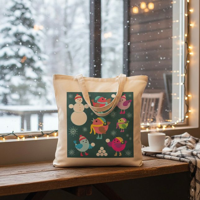 Winter Birds Playing in Snow with Snowman  Tote Bag (Creator Uploaded)