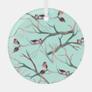 Winter Birds Tree Branches Watercolor Glass Tree Decoration