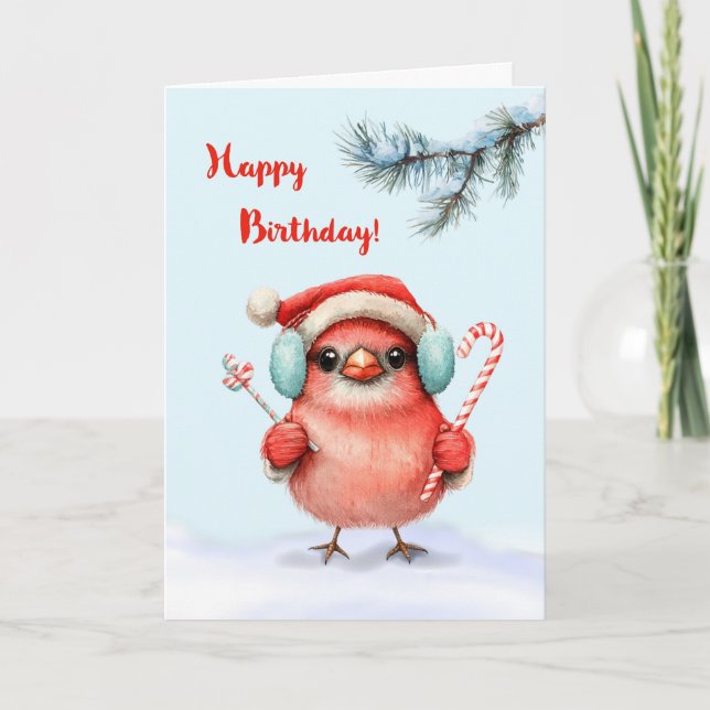 Winter Birthday Cute Bird in Santa Hat with Candy Card (Front)