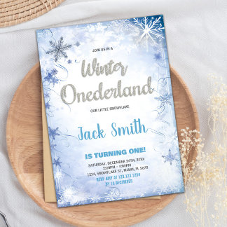 Winter Birthday Invitations Blue Silver Glitter