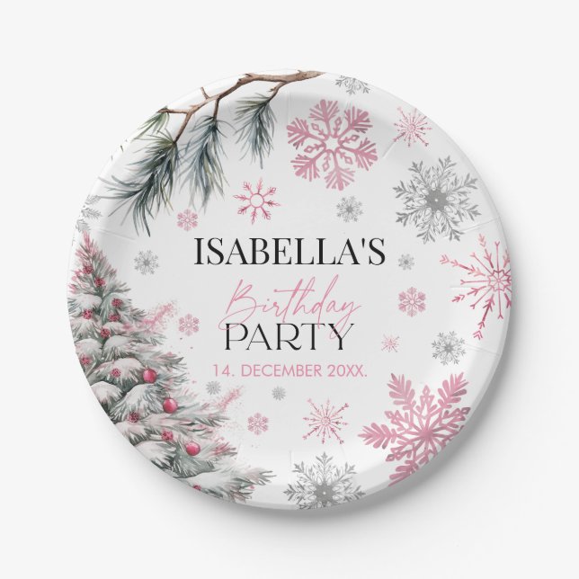  Winter Birthday Pink  Paper Plate (Front)