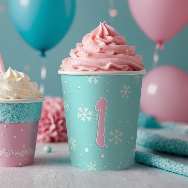 Winter Birthday Snowflake Aqua Blue Baby & Kids Paper Cups (Winter baby first birthday snowflake party cup, cute aqua blue snowy wonderland theme w/ pink number)