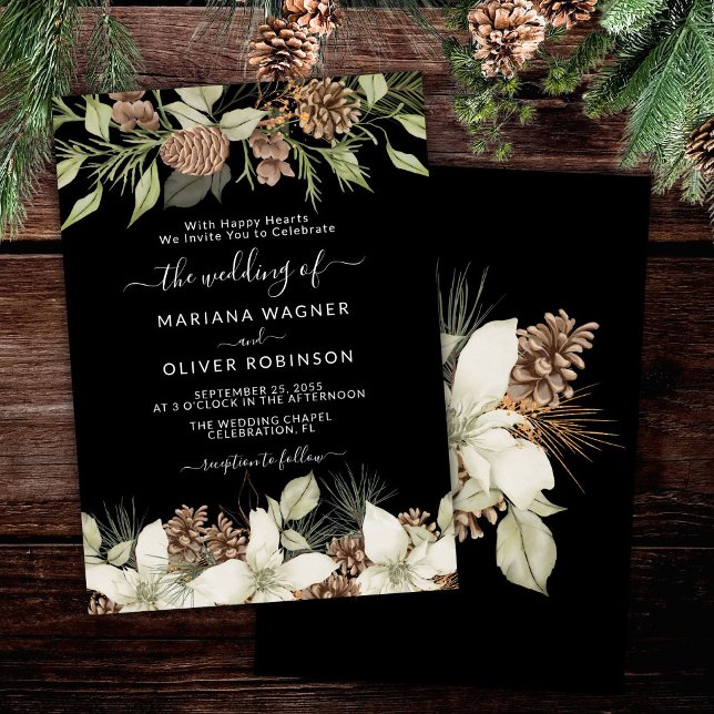 Winter Black and White Elegant Script Wedding Invitation (Creator Uploaded)