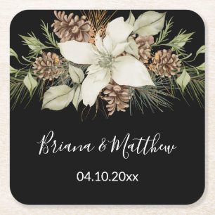 Winter Black and White Elegant Script Wedding Square Paper Coaster
