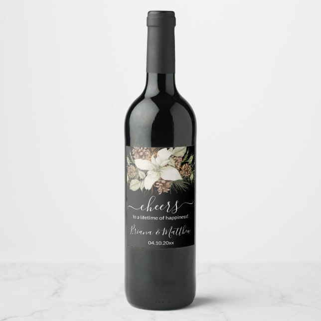 Winter Black and White Elegant Script Wedding Wine Label (Front)