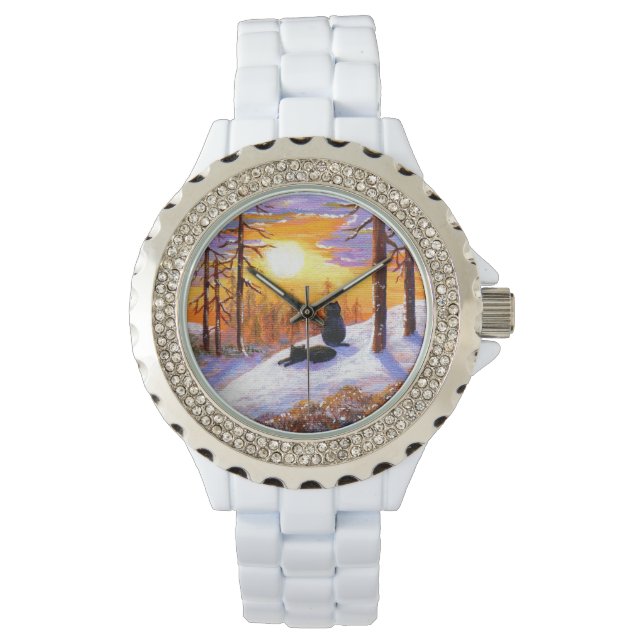 Winter Black Cats Snowy Forest Creationarts Watch (Front)