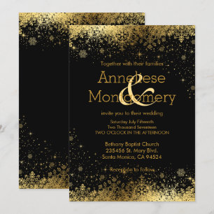 Winter Black & Gold Snowflakes Wedding Invitation