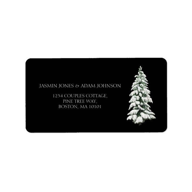 Winter Black Snow Christmas Tree Wedding Label (Front)